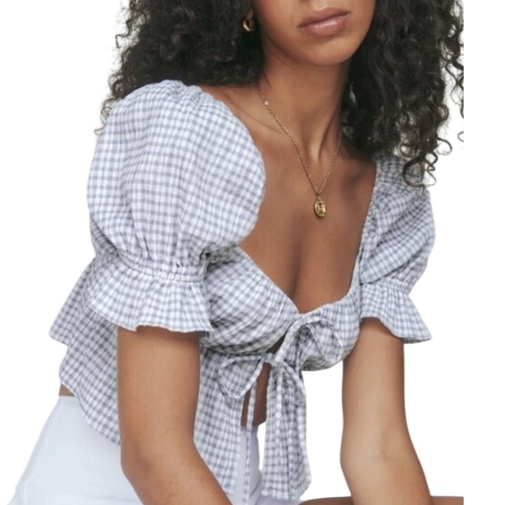 Y2k Reformation Babydoll‎ Womens size 4 Ginham Puff Sleeve Beachy Milkmaid Top